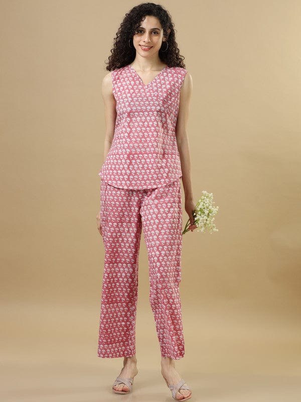 Dark Peach Cotton Block-Printed Hip-Length Co-Ord Set with Sleeveless Regular-Fit Top – Stylish Everyday Fusion Wear