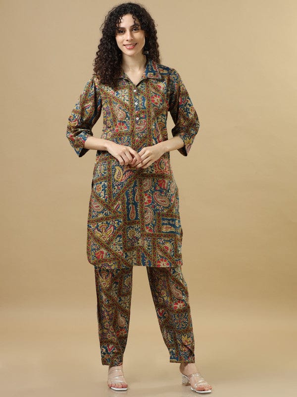 Multicolour Modal Silk Calf-Length Co-Ord Set with Mixed Prints & 3/4th Sleeves – Loose-Fit Contemporary Fusion Wear