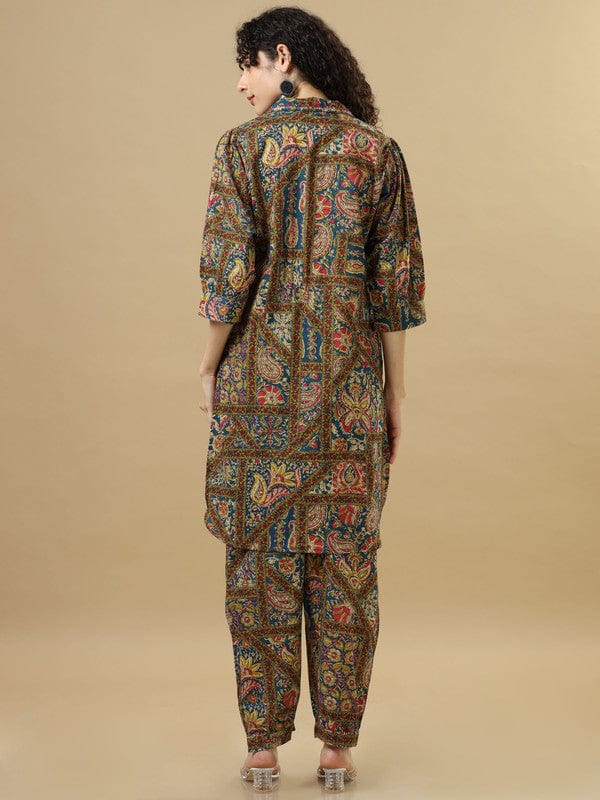 Multicolour Modal Silk Calf-Length Co-Ord Set with Mixed Prints & 3/4th Sleeves – Loose-Fit Contemporary Fusion Wear