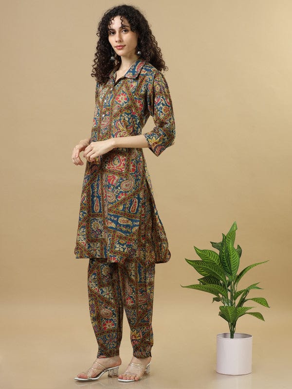 Multicolour Modal Silk Calf-Length Co-Ord Set with Mixed Prints & 3/4th Sleeves – Loose-Fit Contemporary Fusion Wear