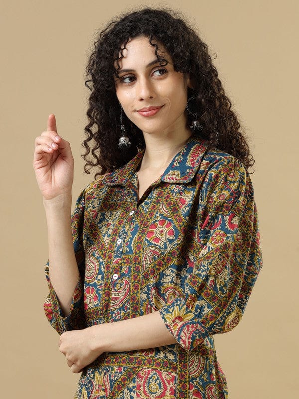 Multicolour Modal Silk Calf-Length Co-Ord Set with Mixed Prints & 3/4th Sleeves – Loose-Fit Contemporary Fusion Wear