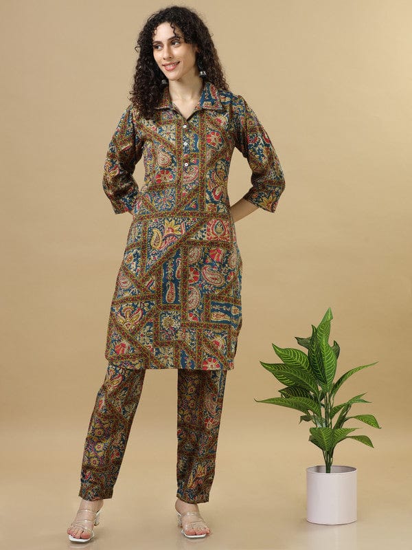 Multicolour Modal Silk Calf-Length Co-Ord Set with Mixed Prints & 3/4th Sleeves – Loose-Fit Contemporary Fusion Wear