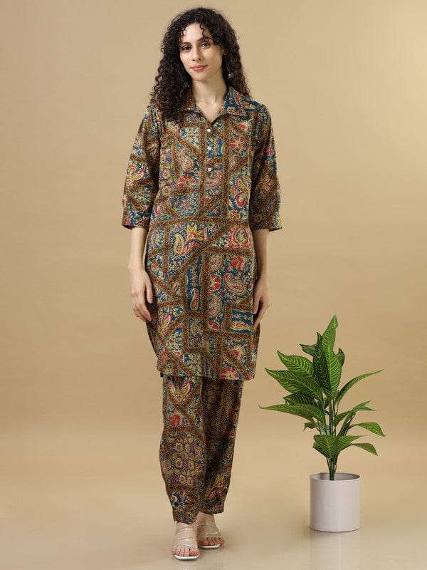 Multicolour Modal Silk Calf-Length Co-Ord Set with Mixed Prints & 3/4th Sleeves – Loose-Fit Contemporary Fusion Wear