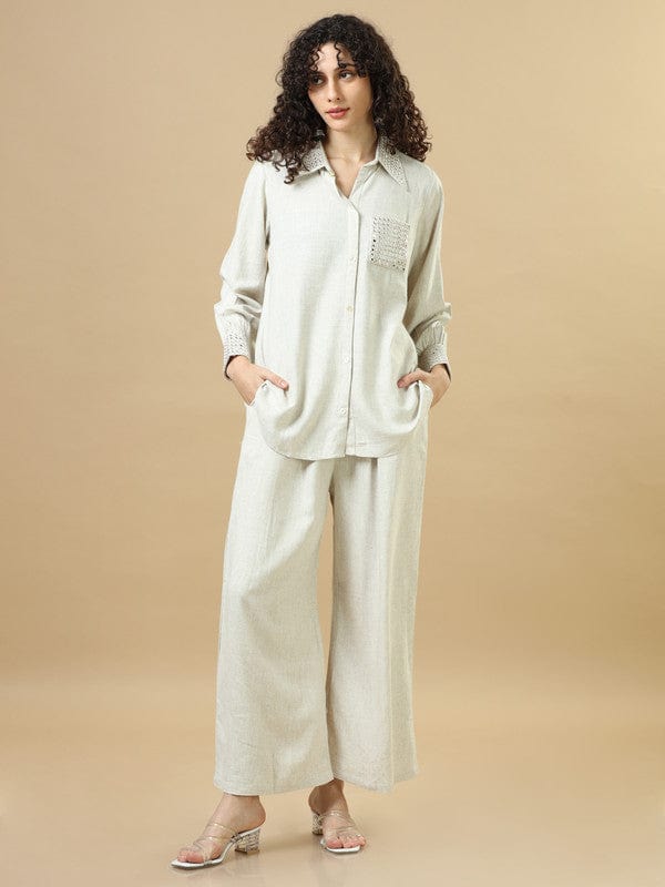 Off-White Rayon Viscose Hip-Length Co-Ord Set with Mirror Work Detailing & Full Sleeves – Elegant Regular-Fit Fusion Wear