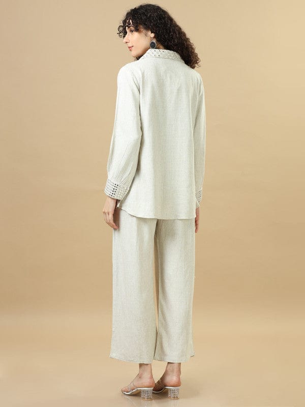 Off-White Rayon Viscose Hip-Length Co-Ord Set with Mirror Work Detailing & Full Sleeves – Elegant Regular-Fit Fusion Wear
