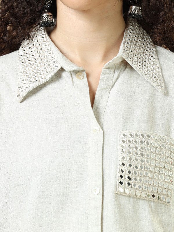 Off-White Rayon Viscose Hip-Length Co-Ord Set with Mirror Work Detailing & Full Sleeves – Elegant Regular-Fit Fusion Wear