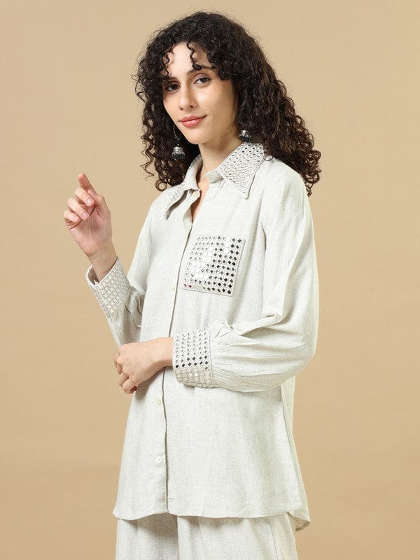 Off-White Rayon Viscose Hip-Length Co-Ord Set with Mirror Work Detailing & Full Sleeves – Elegant Regular-Fit Fusion Wear