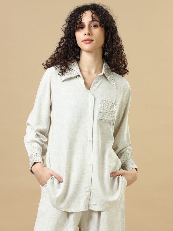 Off-White Rayon Viscose Hip-Length Co-Ord Set with Mirror Work Detailing & Full Sleeves – Elegant Regular-Fit Fusion Wear