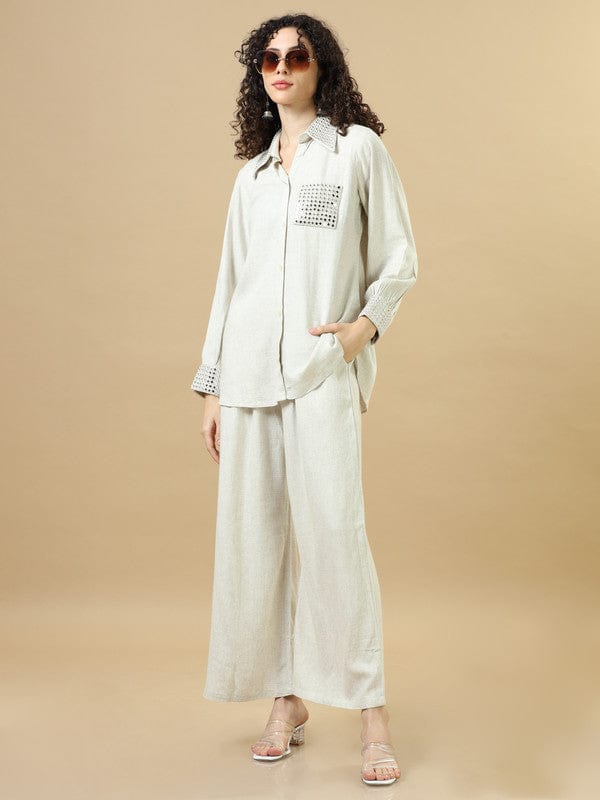 Off-White Rayon Viscose Hip-Length Co-Ord Set with Mirror Work Detailing & Full Sleeves – Elegant Regular-Fit Fusion Wear