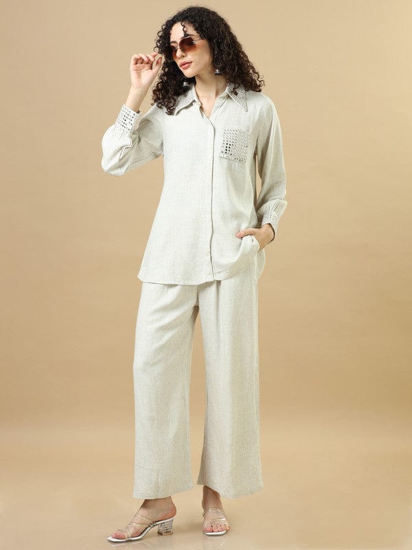 Off-White Rayon Viscose Hip-Length Co-Ord Set with Mirror Work Detailing & Full Sleeves – Elegant Regular-Fit Fusion Wear