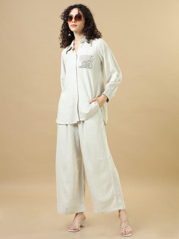 Off-White Rayon Viscose Hip-Length Co-Ord Set with Mirror Work Detailing & Full Sleeves – Elegant Regular-Fit Fusion Wear