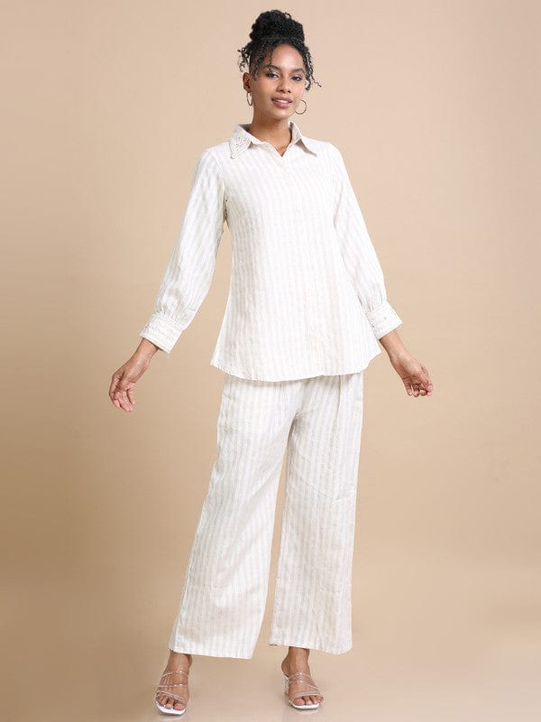 Cream Cotton Hip-Length Co-Ord Set with Thread Work & Striped Design – Full Sleeves Regular-Fit Everyday Fusion Wear