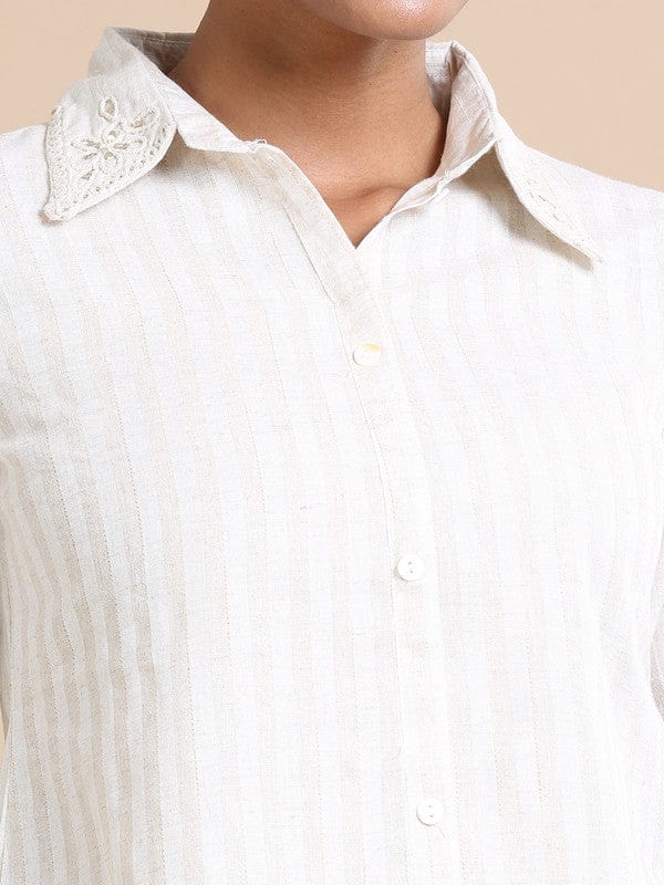 Cream Cotton Hip-Length Co-Ord Set with Thread Work & Striped Design – Full Sleeves Regular-Fit Everyday Fusion Wear