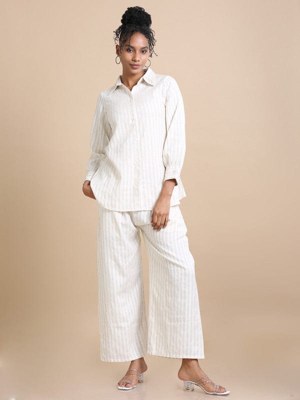 Cream Cotton Hip-Length Co-Ord Set with Thread Work & Striped Design – Full Sleeves Regular-Fit Everyday Fusion Wear