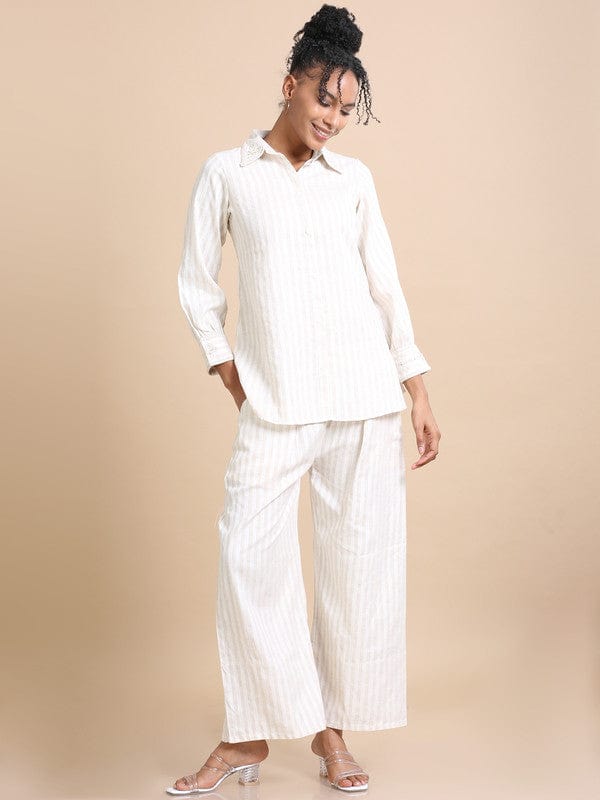 Cream Cotton Hip-Length Co-Ord Set with Thread Work & Striped Design – Full Sleeves Regular-Fit Everyday Fusion Wear