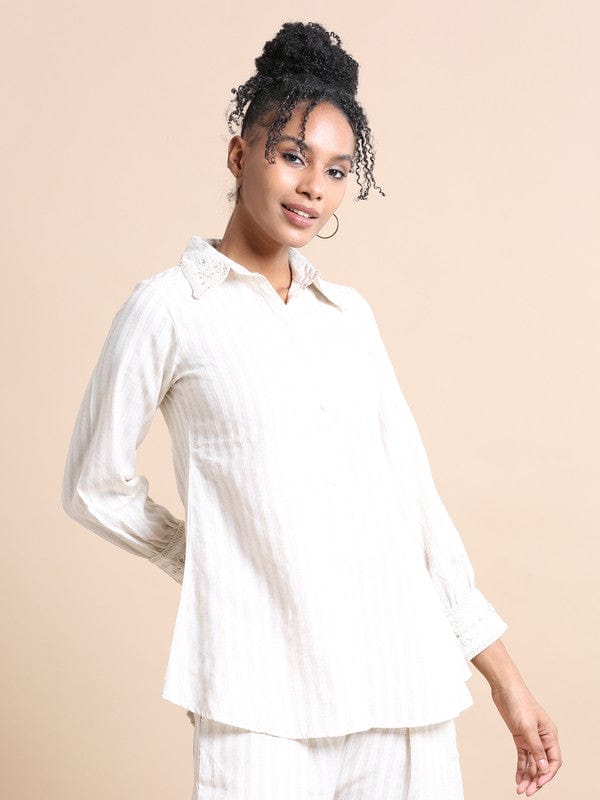 Cream Cotton Hip-Length Co-Ord Set with Thread Work & Striped Design – Full Sleeves Regular-Fit Everyday Fusion Wear