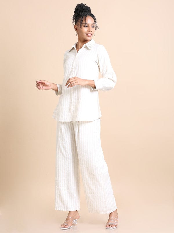 Cream Cotton Hip-Length Co-Ord Set with Thread Work & Striped Design – Full Sleeves Regular-Fit Everyday Fusion Wear
