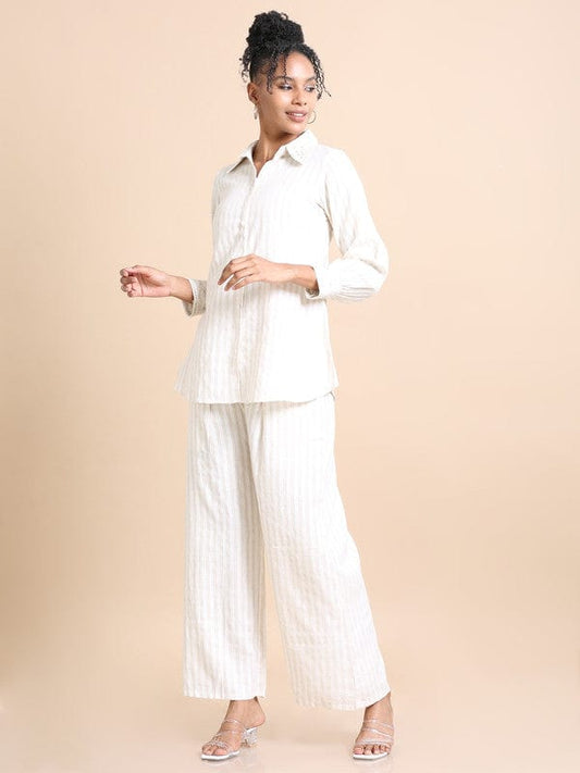 Cream Cotton Hip-Length Co-Ord Set with Thread Work & Striped Design – Full Sleeves Regular-Fit Everyday Fusion Wear