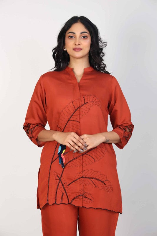 Brown Silk Hip-Length Co-Ord Set with Placement Print & Cutwork Detailing – Stylish 3/4th Sleeve Fusion Wear for Women