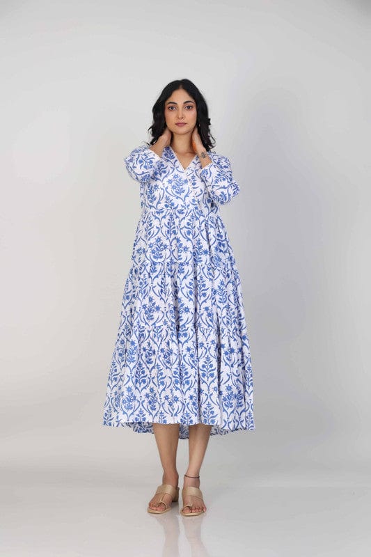 Blue Cotton Block-Printed Calf-Length Dress with 3/4th Sleeves – Elegant Everyday Ethnic Wear for Women