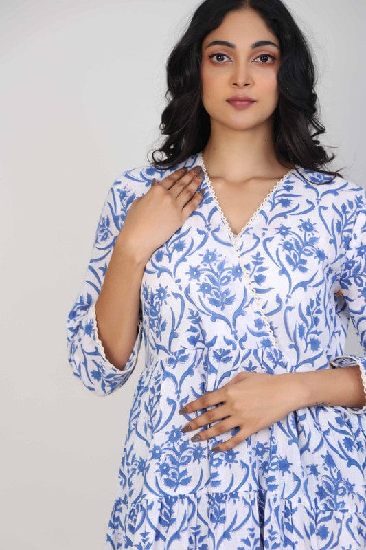 Blue Cotton Block-Printed Calf-Length Dress with 3/4th Sleeves – Elegant Everyday Ethnic Wear for Women