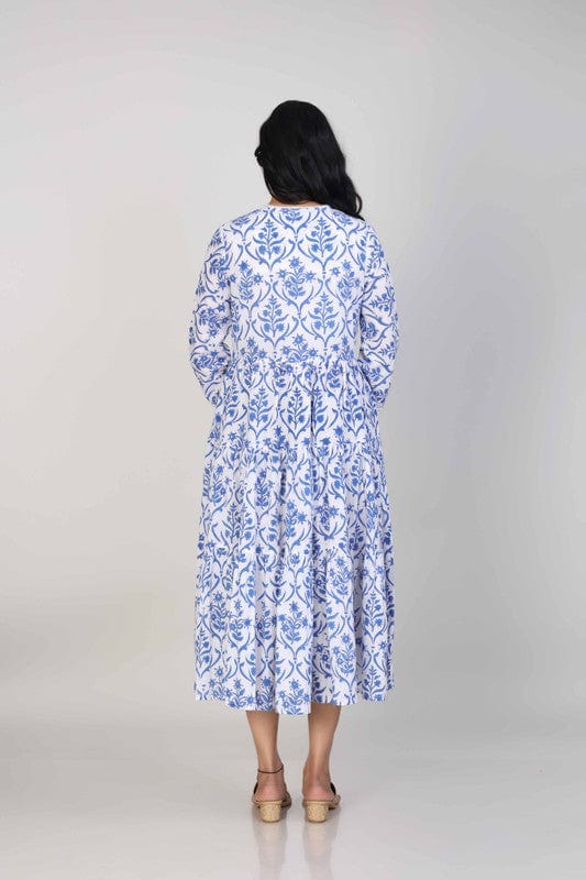Blue Cotton Block-Printed Calf-Length Dress with 3/4th Sleeves – Elegant Everyday Ethnic Wear for Women