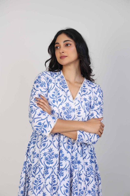 Blue Cotton Block-Printed Calf-Length Dress with 3/4th Sleeves – Elegant Everyday Ethnic Wear for Women