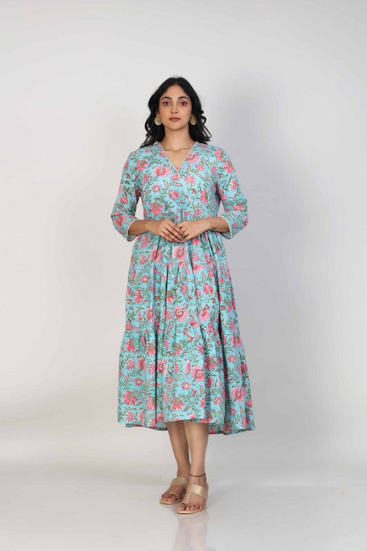 Sea Green Cotton Block-Printed Calf-Length Dress with 3/4th Sleeves – Elegant Everyday Ethnic Wear for Women
