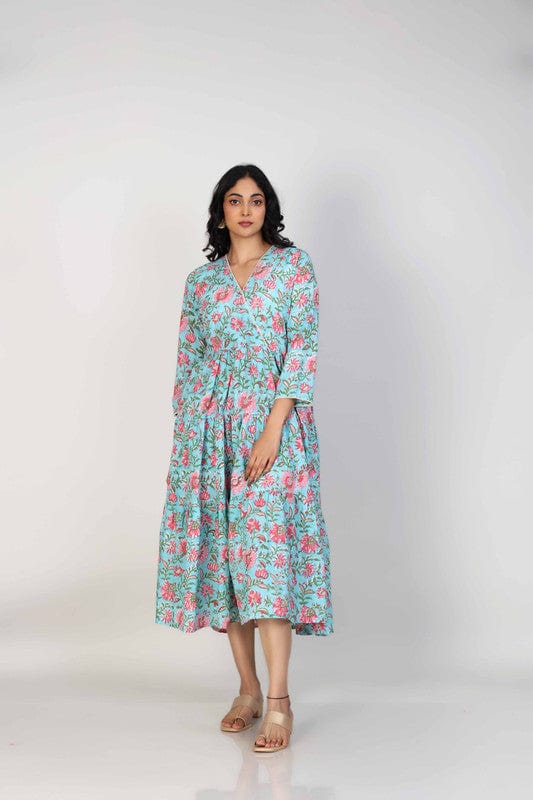 Sea Green Cotton Block-Printed Calf-Length Dress with 3/4th Sleeves – Elegant Everyday Ethnic Wear for Women