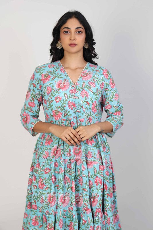 Sea Green Cotton Block-Printed Calf-Length Dress with 3/4th Sleeves – Elegant Everyday Ethnic Wear for Women