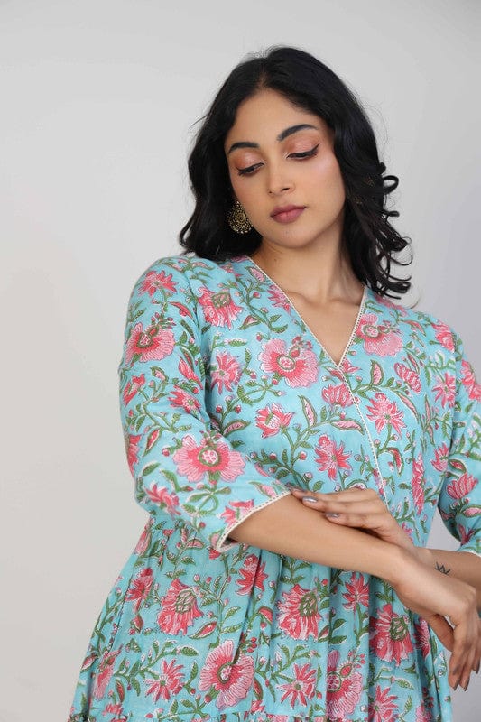 Sea Green Cotton Block-Printed Calf-Length Dress with 3/4th Sleeves – Elegant Everyday Ethnic Wear for Women