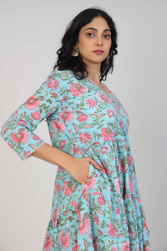 Sea Green Cotton Block-Printed Calf-Length Dress with 3/4th Sleeves – Elegant Everyday Ethnic Wear for Women