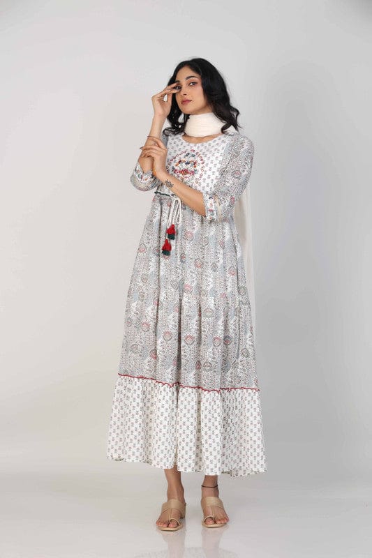 Off-White Cotton Calf-Length Dress with All-Over Print, Thread Embroidery & Mirror Work – Elegant 3/4th Sleeve Ethnic Wear