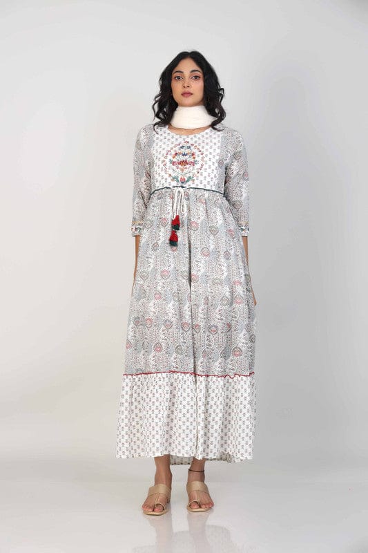 Off-White Cotton Calf-Length Dress with All-Over Print, Thread Embroidery & Mirror Work – Elegant 3/4th Sleeve Ethnic Wear