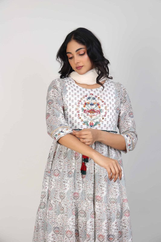 Off-White Cotton Calf-Length Dress with All-Over Print, Thread Embroidery & Mirror Work – Elegant 3/4th Sleeve Ethnic Wear
