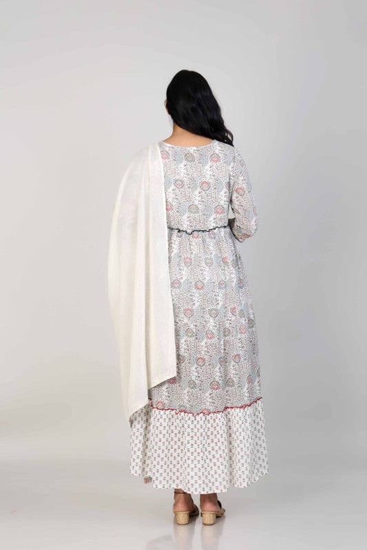 Off-White Cotton Calf-Length Dress with All-Over Print, Thread Embroidery & Mirror Work – Elegant 3/4th Sleeve Ethnic Wear