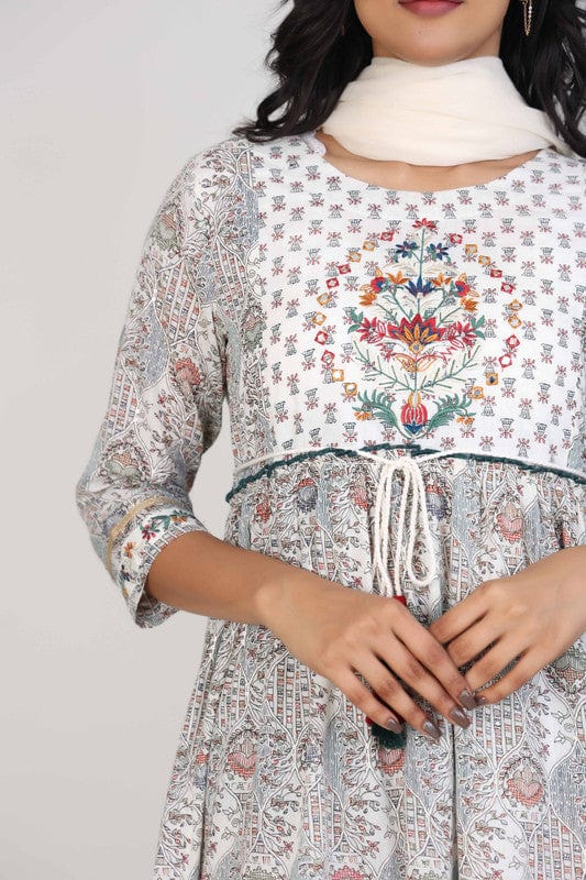 Off-White Cotton Calf-Length Dress with All-Over Print, Thread Embroidery & Mirror Work – Elegant 3/4th Sleeve Ethnic Wear