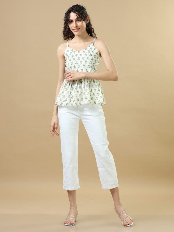 White Cotton Hip-Length Block-Printed Top with Sleeveless Design – Regular-Fit Everyday Indo-Fusion Wear