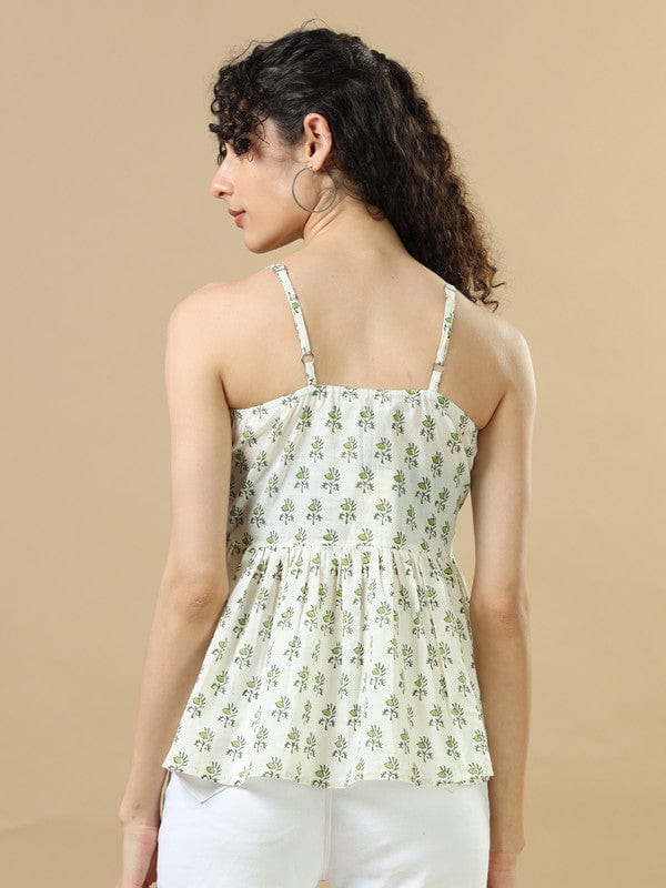 White Cotton Hip-Length Block-Printed Top with Sleeveless Design – Regular-Fit Everyday Indo-Fusion Wear