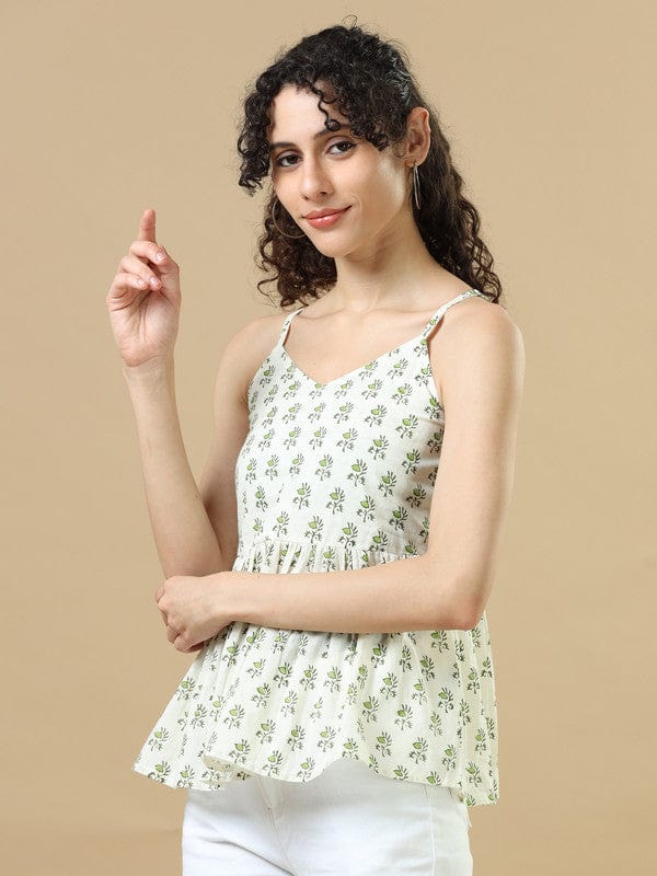 White Cotton Hip-Length Block-Printed Top with Sleeveless Design – Regular-Fit Everyday Indo-Fusion Wear