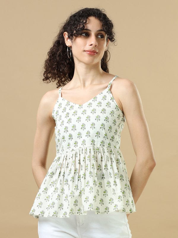 White Cotton Hip-Length Block-Printed Top with Sleeveless Design – Regular-Fit Everyday Indo-Fusion Wear