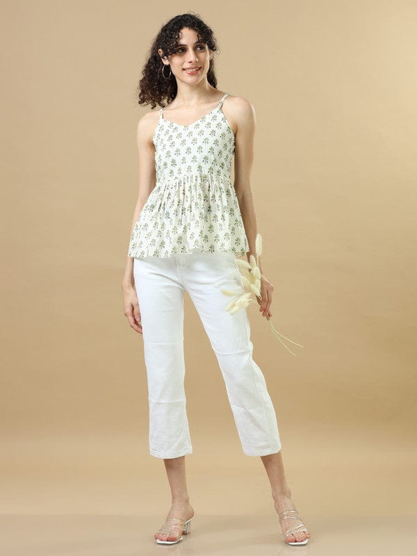 White Cotton Hip-Length Block-Printed Top with Sleeveless Design – Regular-Fit Everyday Indo-Fusion Wear