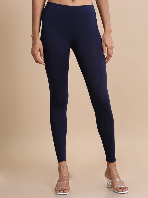 Light Navy Solid Single-Jersey Slim-Fit Ankle-Length Leggings – Soft Stretch Everyday Bottomwear