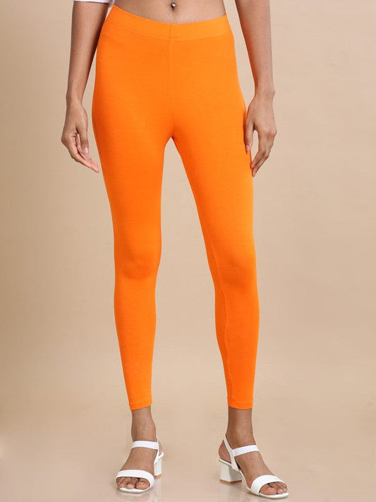 Orange Solid Single-Jersey Slim-Fit Ankle-Length Leggings – Soft Stretch Everyday Bottomwear