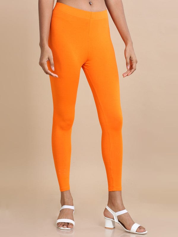 Orange Solid Single-Jersey Slim-Fit Ankle-Length Leggings – Soft Stretch Everyday Bottomwear