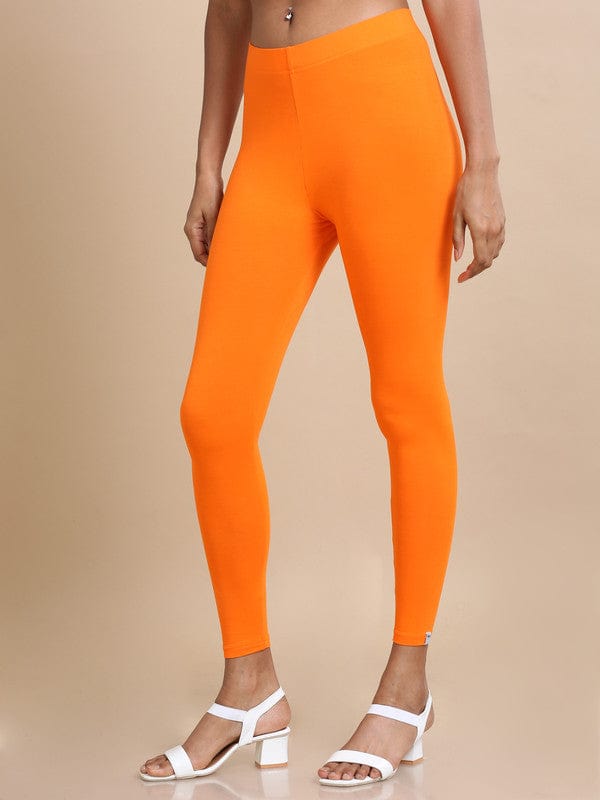 Orange Solid Single-Jersey Slim-Fit Ankle-Length Leggings – Soft Stretch Everyday Bottomwear