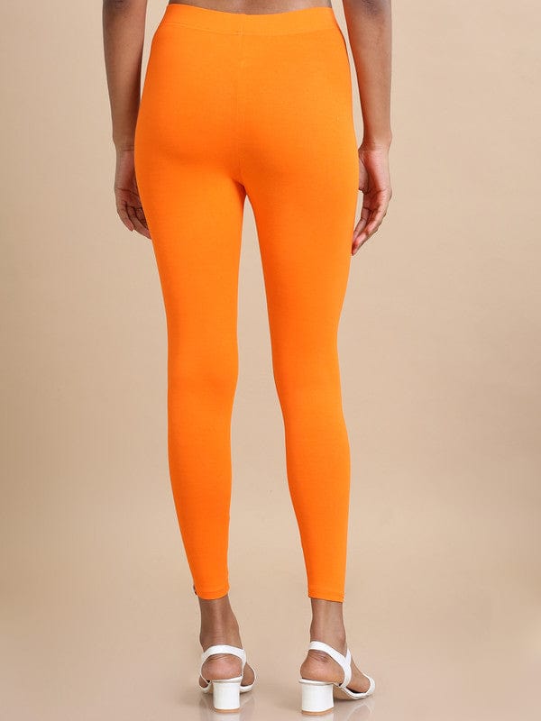 Orange Solid Single-Jersey Slim-Fit Ankle-Length Leggings – Soft Stretch Everyday Bottomwear