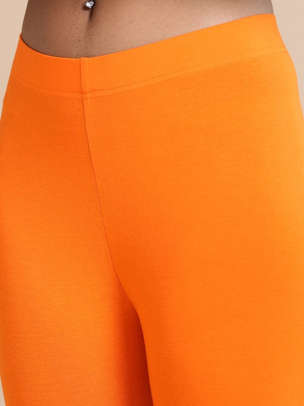 Orange Solid Single-Jersey Slim-Fit Ankle-Length Leggings – Soft Stretch Everyday Bottomwear