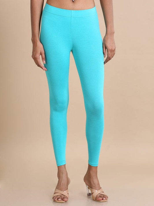 Pool Blue Solid Single-Jersey Slim-Fit Ankle-Length Leggings – Soft Stretch Everyday Bottomwear