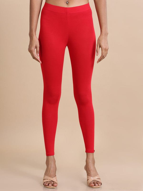 Red Solid Single-Jersey Slim-Fit Ankle-Length Leggings – Soft Stretch Everyday Bottomwear